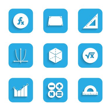 Set Geometric figure Cube, Calculator, Protractor, Square root of x glyph, Graph, schedule, chart, diagram, Triangular ruler and Function mathematical symbol icon. Vector