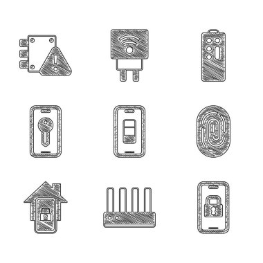 Set Smartphone battery charge, Router and wi-fi signal, Digital door lock, Fingerprint, Mobile with smart home, key, Remote control and House under protection icon. Vector