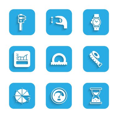 Set Protractor, Speedometer, Old hourglass with sand, Measuring tape, Circle of pieces, Graph, schedule, chart, diagram, Wrist watch and Calliper caliper scale icon. Vector