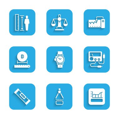 Set Wrist watch, Drawing compass, Graph, schedule, chart, diagram, Multimeter, voltmeter, Construction bubble level, Diameter, Measuring instrument and height body icon. Vector