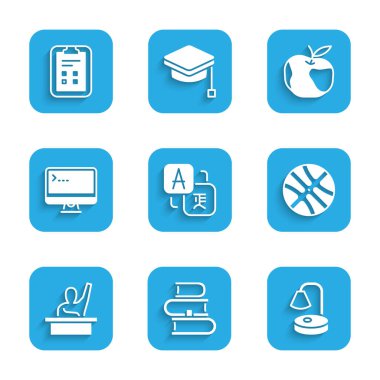 Set Translator, Book, Table lamp, Basketball ball, Male kid raising hand, Computer monitor, Apple and Exam sheet with check mark icon. Vector
