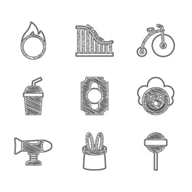 Set Circus ticket, Magician hat and rabbit ears, Lollipop, Clown head, Swing plane, Paper glass with water, Vintage bicycle and fire hoop icon. Vector