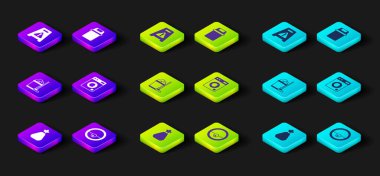 Set Garbage bag, Robot vacuum cleaner, Mop and bucket, Washer, Trash can and Wet floor icon. Vector