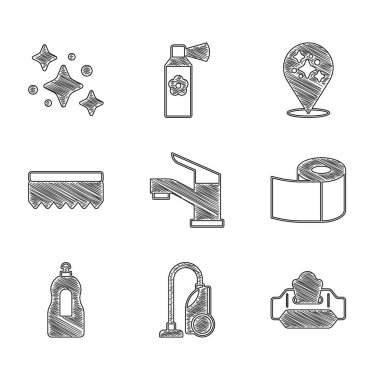Set Water tap, Vacuum cleaner, Wet wipe pack, Toilet paper roll, Dishwashing liquid bottle, Sponge, Home cleaning service and  icon. Vector