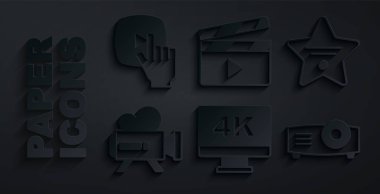 Set Screen tv with 4k, Walk of fame star, Retro cinema camera, Movie, film, media projector, clapper and Online play video icon. Vector