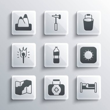 Set First aid kit, Bed, Sun, Bottle of water, Camping and hiking on map, Torch flame, Mountains and Bucket icon. Vector