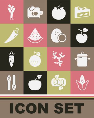 Set Corn, Cooking pot, Peach fruit nectarine, Tomato, Watermelon, Hot chili pepper, Leek and Coconut icon. Vector