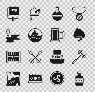 Set Whiskey bottle, Medieval poleaxe, Cloud and lightning, Bottle with potion, Sea waves, spear, Viking book and Wooden beer mug icon. Vector