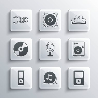 Set Music note, tone, player, Guitar amplifier, Microphone, Vinyl disk, Xylophone and Tambourine icon. Vector