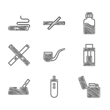 Set No pipe smoking, Electronic cigarette, Lighter, Vape mod device, Ashtray with, Cigarette, liquid bottle and  icon. Vector