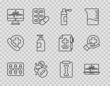 Set line Pills in blister pack, Laptop with cardiogram, Bottle nozzle spray, Medicine pill or tablet, Monitor, Hand sanitizer bottle, X-ray shots and Cross hospital medical icon. Vector