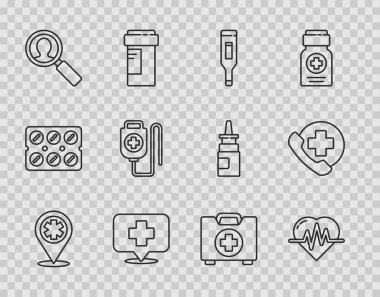 Set line Map pointer with cross hospital, Heart rate, Medical digital thermometer, analysis, IV bag, First aid kit and Emergency phone call to icon. Vector
