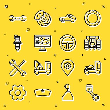 Set line Engine piston, Car transporter truck, wash, Broken car, Diagnostics condition of, spark plug, Wrench spanner and Steering wheel icon. Vector