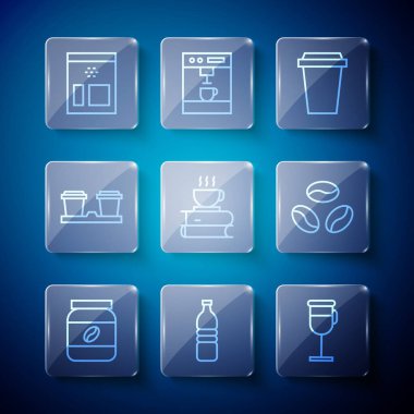 Set line Coffee jar bottle, Bottle water, Irish coffee, cup to go, and book, Bag beans and  icon. Vector