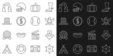 Set line Hexagram sheriff, Western cowboy hat, Eagle, Pumpkin, Coin money with dollar, Patriotic American top, Grand canyon and Baseball ball icon. Vector
