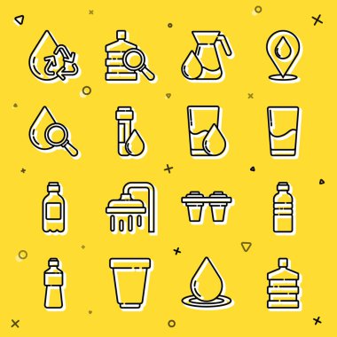 Set line Big bottle with clean water, Bottle of, Glass, Jug glass, Test tube drop, Drop and magnifying, Recycle aqua and  icon. Vector