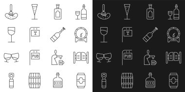 Set line Beer can, Saloon door, Wooden barrel rack, Whiskey bottle, Street signboard with Bar, Wine glass, Pickled cucumber fork and Opened of wine icon. Vector