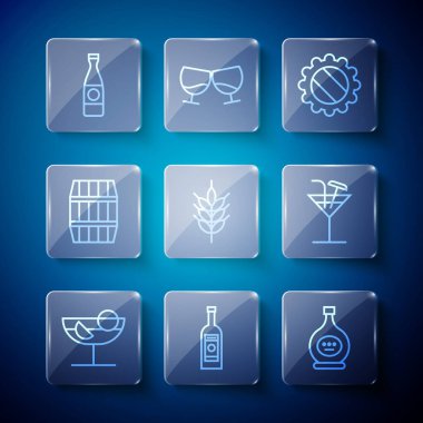 Set line Cocktail, Glass bottle of vodka, Bottle cognac or brandy, cap, Hop, Wooden barrel, Beer and  icon. Vector