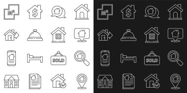 Set line Location with house, Search, Real estate message, Hotel service bell, Sale, House plan and  icon. Vector