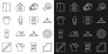 Set line Sewing Pattern, button, Hanger wardrobe, Yarn ball, Safety pin, T-shirt, Textile fabric roll and Location tailor shop icon. Vector