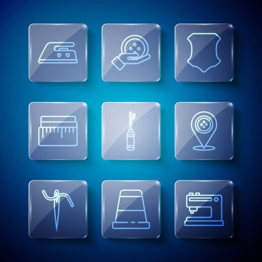 Set line Needle for sewing with thread, Thimble, Sewing machine, Leather, Awl tool, Tape measure, Electric iron and Location tailor shop icon. Vector