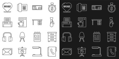Set line Address book, Drawer with documents, Tie, Shelf books, Coffee machine, Printer, Heart text work and Office desk icon. Vector