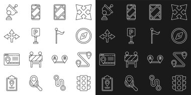 Set line Traffic light, Route location, Compass, Gps device with map, Parking, Road traffic sign, Radar and Location marker icon. Vector