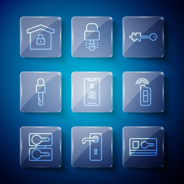 Set line Casting keys, Door handle, Key card, Old, Mobile with fingerprint scan, Locked, House under protection and Car remote icon. Vector