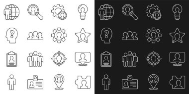 Set line Head hunting, Location with person, Users group, question mark,  and Human gear icon. Vector