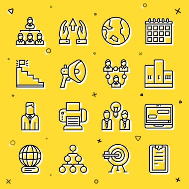 Set line Clipboard with checklist, Chat messages on laptop, Award over winner podium, Earth globe, Megaphone, Stair finish flag, Hierarchy organogram chart and Project team base icon. Vector