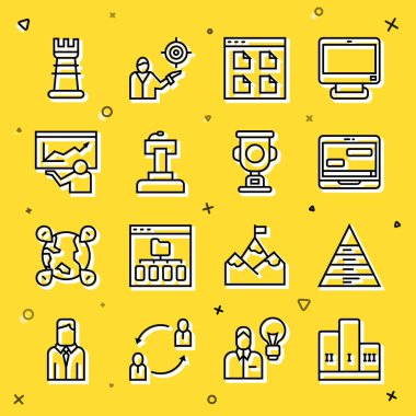 Set line Award over winner podium, Pyramid chart infographics, Chat messages on laptop, Browser files, Stage stand or tribune, Training, presentation, Business strategy and cup icon. Vector