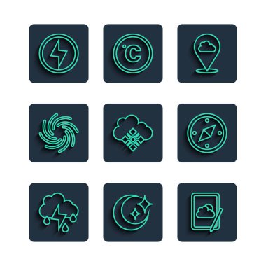Set line Cloud with rain and lightning, Moon stars, Weather forecast, Location cloud, snow, Tornado, Lightning bolt and Compass icon. Vector