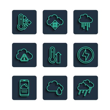 Set line Weather forecast, Cloud with rain, Meteorology thermometer, Storm warning,  and Lightning bolt icon. Vector