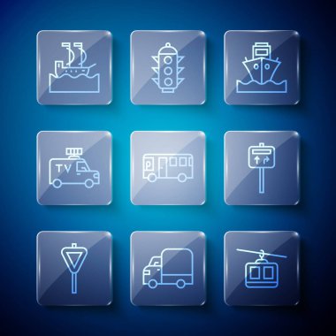 Set line Road traffic signpost, Delivery cargo truck, Cable, Cargo ship, Bus, TV News, Sailboat and  icon. Vector