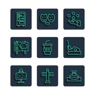 Set line Magic ball on table, Road traffic signpost, Fountain, Juggling, Paper glass with water, Amusement park billboard, Vending machine and Bumper car icon. Vector