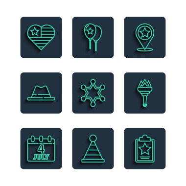 Set line Calendar with date July 4, Party hat, USA Independence day, Hexagram sheriff, Man ribbon,  and Torch flame icon. Vector