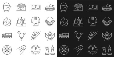 Set line Chess, National emblem of Russia, Russian bagels, ruble banknote, Church building, Moon with flag, Christmas mitten and Kosovorotka icon. Vector
