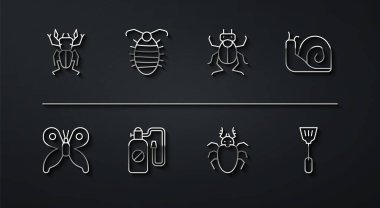 Set line Beetle deer, Butterfly, Snail, Pressure sprayer, Larva insect, Fly swatter and bug icon. Vector