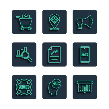 Set line SEO optimization Advertising Board with graph chart Megaphone Document Magnifying glass and analysis Shopping cart and icon. Vector.