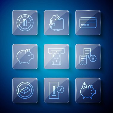 Set line Gold bars Inserting coin Piggy bank with Credit card ATM and money Bitcoin and Paper or financial check icon. Vector.