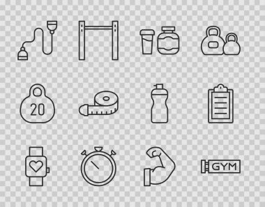 Set line Smart watch Location gym Sports nutrition Stopwatch Chest expander Tape measure Bodybuilder muscle and training program icon. Vector.