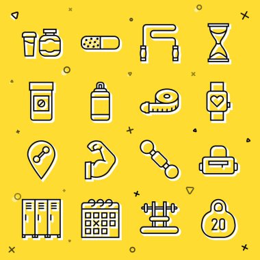 Set line Kettlebell Sport bag Smart watch Jump rope Punching Anabolic drugs Sports nutrition and Tape measure icon. Vector.