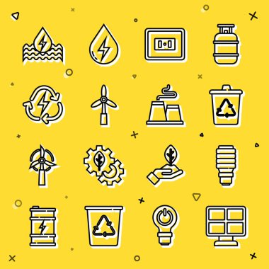 Set line Solar energy panel LED light bulb Recycle bin with recycle Electrical outlet Wind turbine Battery Water and Factory icon. Vector.