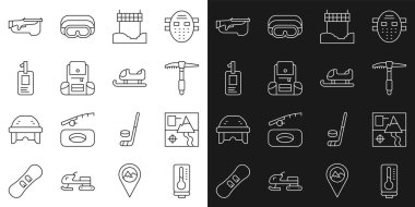 Set line Meteorology thermometer Folded map Ice axe Ribbon in finishing line Hiking backpack Identification badge Biathlon rifle and Sled icon. Vector.
