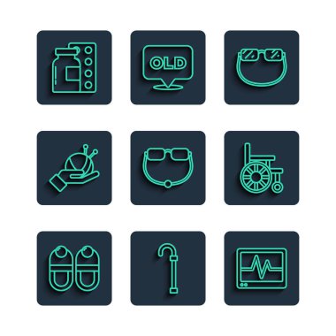Set line Slippers Walking stick cane Monitor with cardiogram Eyeglasses Yarn ball knitting needles Pills blister pack and Wheelchair icon. Vector.