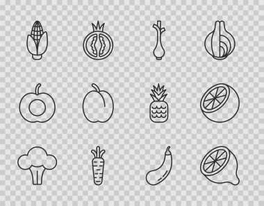 Set line Broccoli Lemon Fresh green onions Carrot Corn Plum fruit Eggplant and Orange icon. Vector.