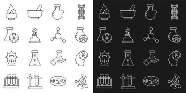 Set line Molecule Head and radiation symbol Test tube flask Alcohol or spirit burner and icon. Vector.