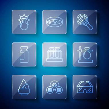 Set line Alcohol or spirit burner Chemical formula for H2O Safety goggle glasses Microorganisms under magnifier Test tube and flask explosion and stand icon. Vector.