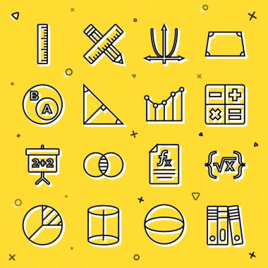 Set line Office folders Square root of x glyph Calculator Graph schedule chart diagram Angle bisector triangle Subsets math subset Ruler and icon. Vector.
