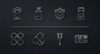 Set line Location with cross hospital Crossed bandage plaster Medicine bottle pills Crutch or crutches tablet Hand sanitizer Monitor cardiogram and Life insurance hand icon. Vector.